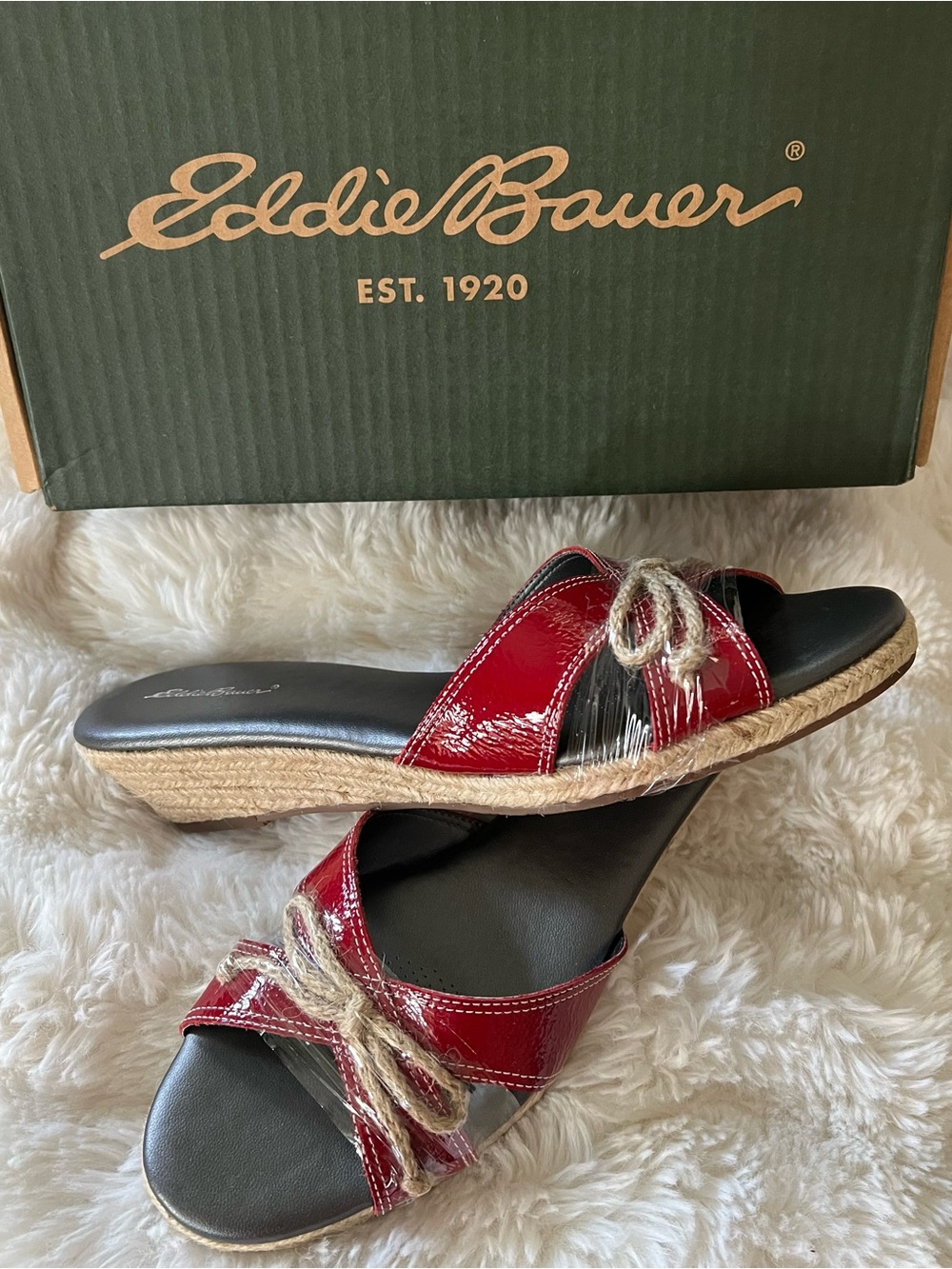 Eddie Bauer Red Patent Leather Espadrille Wedge Slides NIB Size 10M